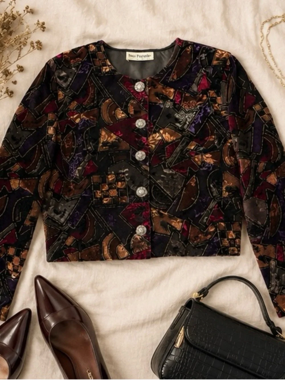 VTG Tres Paquette Velvet Cropped Blazer Abstract Multi Metallic Sz 10 Petite